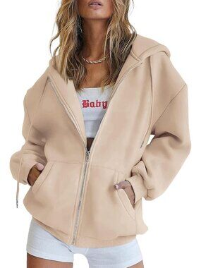 Women's Light Khaki Long Sleeve Pockets Zip Up Hoodies Sweatshirts Track Jackets